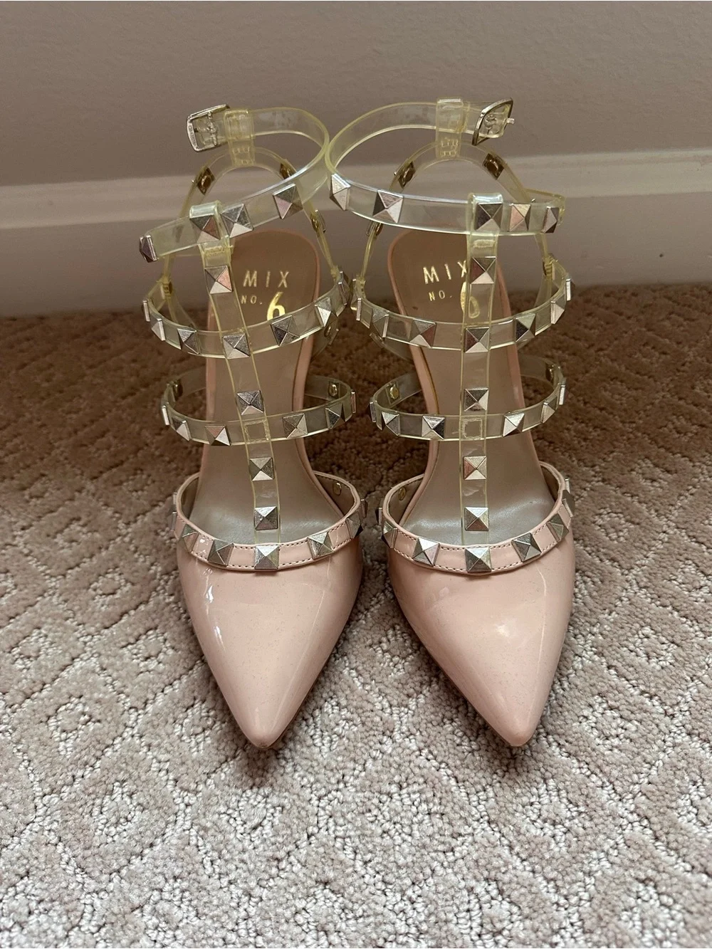 Mix No. 6 Blush Pink Patent Studded Strappy Pointed Heels
